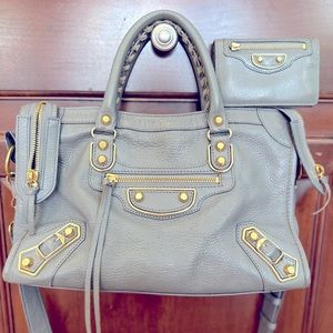 Balenciaga$2090 Gris Fossil Grey Metallic City Small Crossbody & Wallet$530 SET